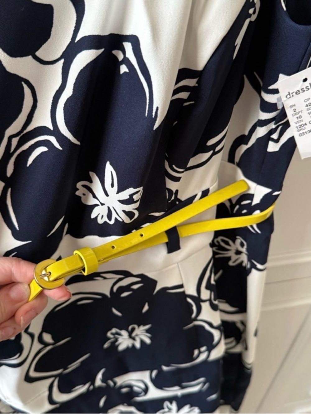 Dress Barn Navy and White Floral Dress with Yellow Belt